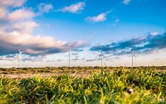 Landschaft mit Wiesen und Windrädern