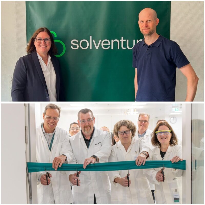 Oben: Eva Platz und der Werksleiter von Solventum in Wuppertal. Unten: Eröffnung des Bio-Labors.