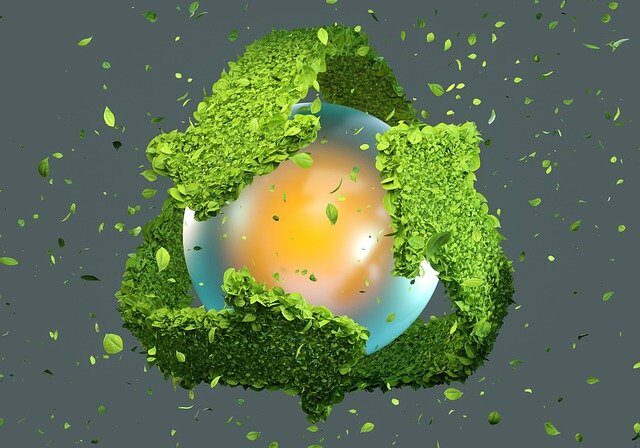 Das Symbol für Recycling wird mit drei aus Blättern bestehenden Pfeilen dargestellt.